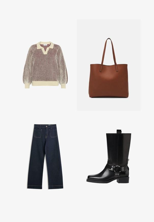 Cappotto trench in denim blu medio con design a doppio petto, vita con cintura, colletto a risvolto e polsini con bottoni.; Moves DELLA - Maglione - sassafras; Jeans a gamba larga blu scuro realizzati in denim con cuciture contrastanti color caramello, due tasche posteriori e chiusura con bottone in vita.; Stivale in pelle nera alto fino al ginocchio con punta affusolata, dettagli in argento e tacco largo. Presenta un inserto per facilitare l'indossamento.; Borsa tote in pelle marrone con texture liscia, design con apertura superiore e due spallacci. Presenta cuciture minime e nessun hardware visibile.