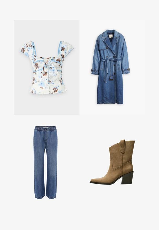Cappotto trench in denim blu medio con design a doppio petto, vita con cintura, colletto a risvolto e polsini con bottoni.; Top corto floreale in azzurro chiaro e bianco, con motivi floreali marroni, maniche a sbuffo corte e un dettaglio con legatura frontale e orlo arricciato.; Canottiera bianca in cotone. Presenta spalline larghe e un girocollo arrotondato. Include un piccolo etichetta del marchio in basso a sinistra.; Pantaloni in denim blu con vita elastica e cordoncino, caratterizzati da una vestibilità rilassata e gambe larghe, texture liscia e orli cuciti.; Stivali da cowboy in suede marrone con punta affusolata, caratterizzati da un tacco a blocco di altezza media e da una semplice cucitura lungo le cuciture laterali.