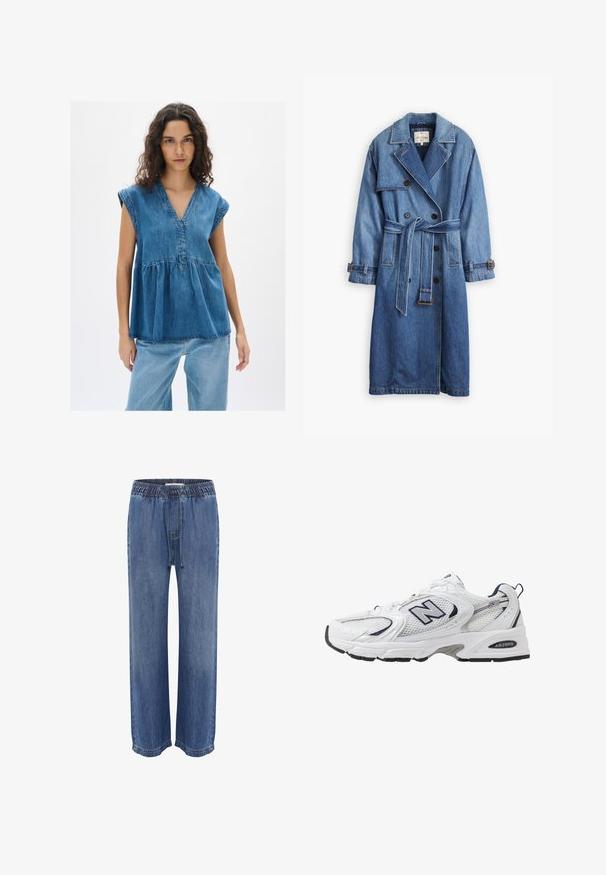 Denim trenchcoat in middenblauw met een dubbelgebreid ontwerp, taille met ceintuur, reverskraag en met knopen gesloten manchetten.; Denim top met een V-hals en korte mouwen, met een geplooid lijfje, in een middelblauwe wassing met contrasterende stiksels.; Witte tanktop gemaakt van katoen. Voorzien van brede schouderbanden en een ronde halslijn. Inclusief een klein merkje aan de onderkant links.; Blauwe denim broek met een elastische tailleband en trekkoord, met een relaxed fit en wijde pijpen, een gladde textuur en gestikte zomen.; Witte sport schoen met mesh bovenkant, marineblauwe accenten en een gehoorzaamde zool. Bevat het "N" logo, veters en een gestructureerde detail aan de zijkant.