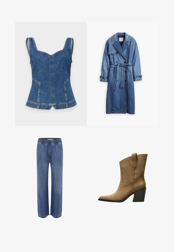 Denim trenchcoat i mellemblå med dobbeltkneppet design, bælte i taljen, notch-krave og knappede ærmekanter.; Stine Goya Top - trompe l'oeil; Blå denimbukser med elastisk talje og snøre, der har et afslappet fit og brede ben, glat tekstur og syede sømme.; Brune ruskind cowboy støvler med spidse tå, der har en mellemhøj blokhæle og enkel søm langs sidesømmen.