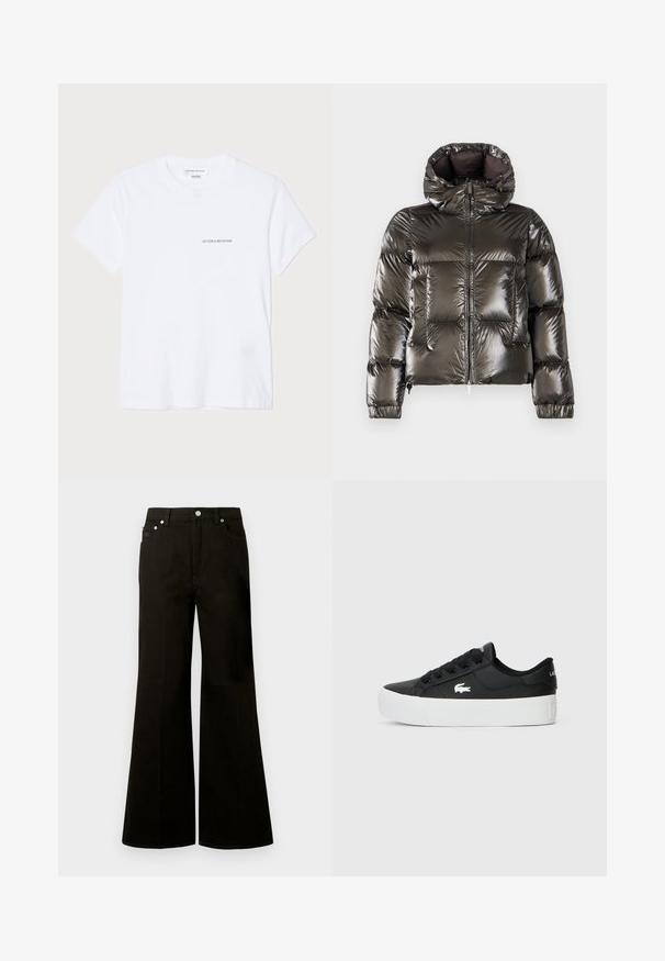 K-Way LETHILLE THERMO - Casaco de penas - black/olive; T-shirt de algodão branca com mangas curtas, decote redondo e um pequeno logótipo preto "VICTORIA BECKHAM" no peito. Design minimalista.; Calças de ganga pretas de cintura alta e perna larga, com botão e fecho éclair frontal, passadores para cinto e cinco bolsos, incluindo um pequeno bolso para moedas.; Sapatilha preta de cano baixo feita de material sintético, com sola de borracha branca, atacadores pretos e um pequeno logótipo branco na lateral.