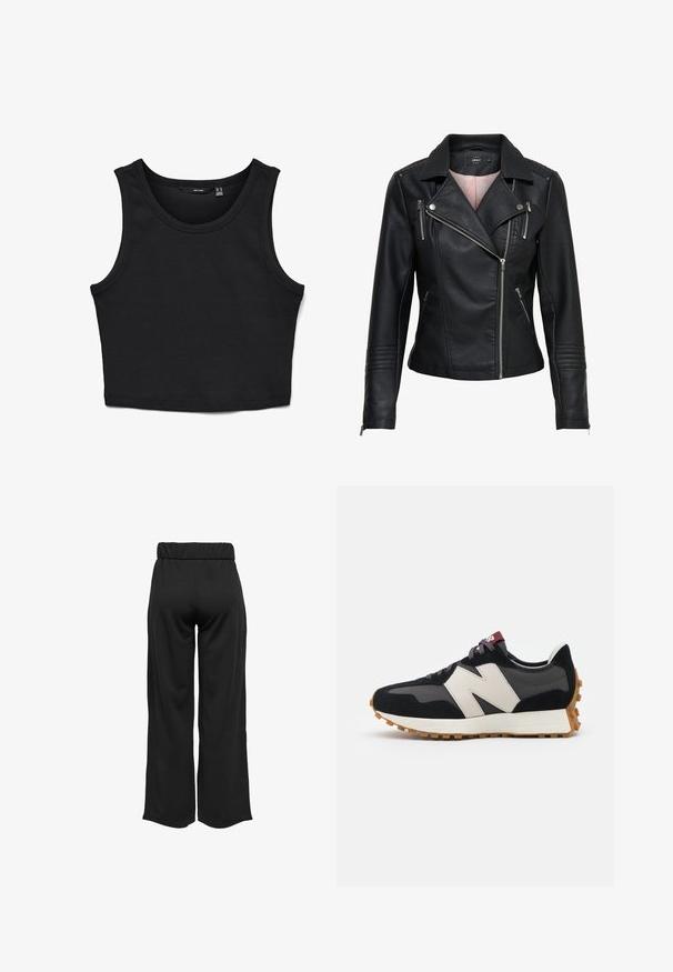 Giacca da motociclista in pelle nera con colletto a punta, zip asimmetrica sul davanti, tasche con zip e dettagli a costine su spalle e maniche.; Top corto nero realizzato in tessuto a coste. Presenta spalline larghe e un collo rotondo con una vestibilità slim in tutto il capo.; Pantaloni neri a gamba larga con cintura elastica, realizzati in tessuto liscio. Presentano un design pulito senza tasche o dettagli di cucitura visibili.; Sneaker in suede nero e grigio con un grande logo "N" color crema, lacci viola e una suola esterna in gomma gommosa texturizzata.