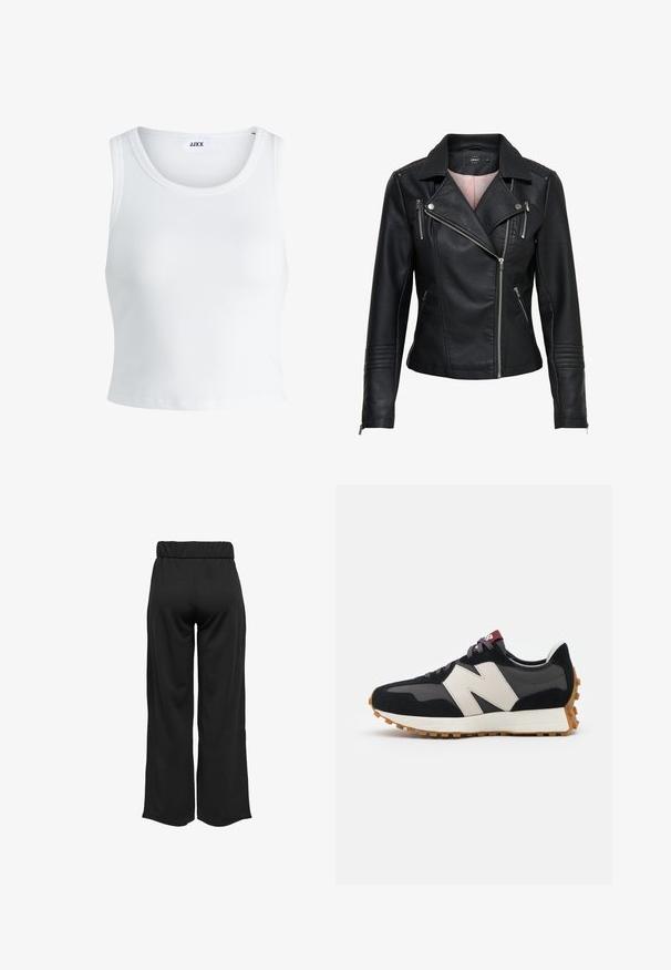 Musta nahkainen moottoripyörätakki, jossa on lovettu kaulus, epäsymmetrinen etuvetoketju, vetoketjulliset taskut ja soikeat yksityiskohdat olkapäillä ja hihoissa.; Valkoinen ribbattu hihaton toppi, jossa on pyöreä pääntie ja lyhyt malli. Tunnuslukuna lukee "JJXX". Sujuva kangas.; Mustat, leveälahkeiset housut, joissa on joustava vyötärö, valmistettu sileästä kankaasta. Ominaisuuksia ovat puhdas muotoilu ilman taskuja tai näkyviä ompelusaumoja.; Mustat ja harmaat mokkakenkä, jossa on suuri kermanvärinen "N"-logo, violetit nauhat ja teksturoitu kumipohja.