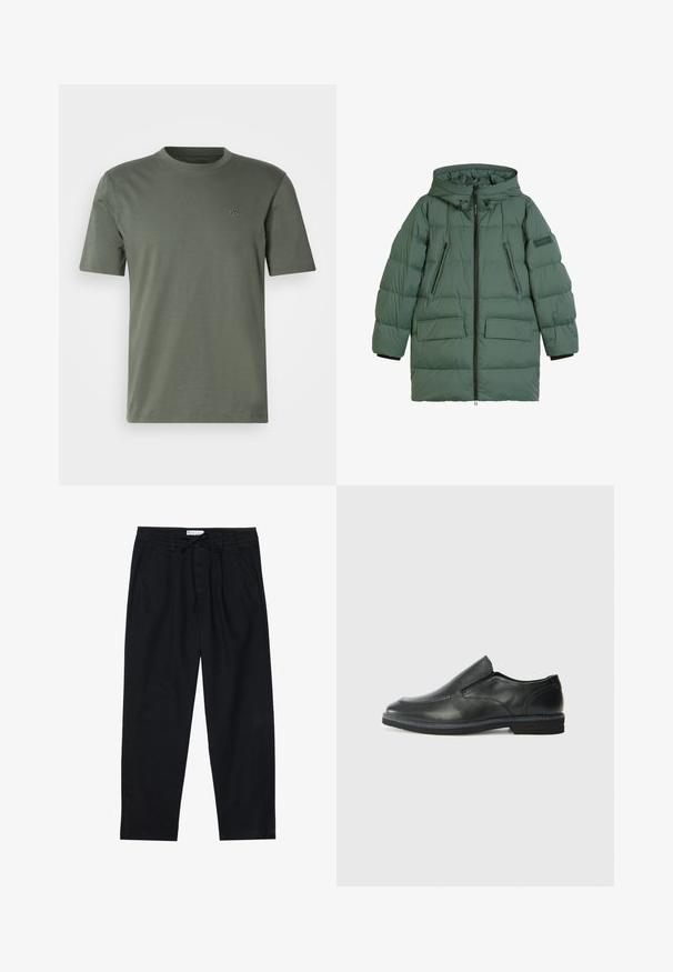 Green puffer jacket with a hood, featuring a zip front, two zippered chest pockets, and two large patch pockets. Smooth, quilted texture.; Olive green short-sleeve t-shirt in soft material with a crew neckline and subtle embroidered logo on the left chest.; Pier One Chinos - black; Black leather slip-on shoe with a smooth upper, stitched accents, rounded toe, and a low rubber heel. Sole features minimal tread.