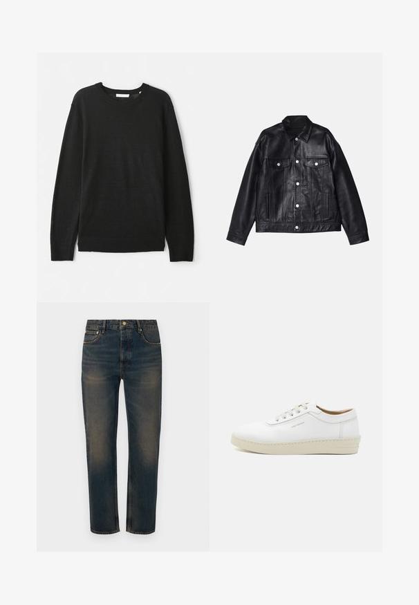 Won Hundred EZRA - Jachetă piele - washed black; Pulover negru cu mâneci lungi, realizat dintr-un material tricotat ușor. Dispune de un guler rotund și manșete și tiv cu nervuri. Fără modele sau embellismente.; Jeans din denim albastru închis, cu o croială dreaptă, design cu cinci buzunare, închidere cu nasture și detalii de decolorare ușoară pentru textură.; Sneaker alb din piele cu un finisaj texturat, vârf rotund, talpă din cauciuc bej și șase ochiuri pentru șireturi gri, având un logo subtil pe lateral.