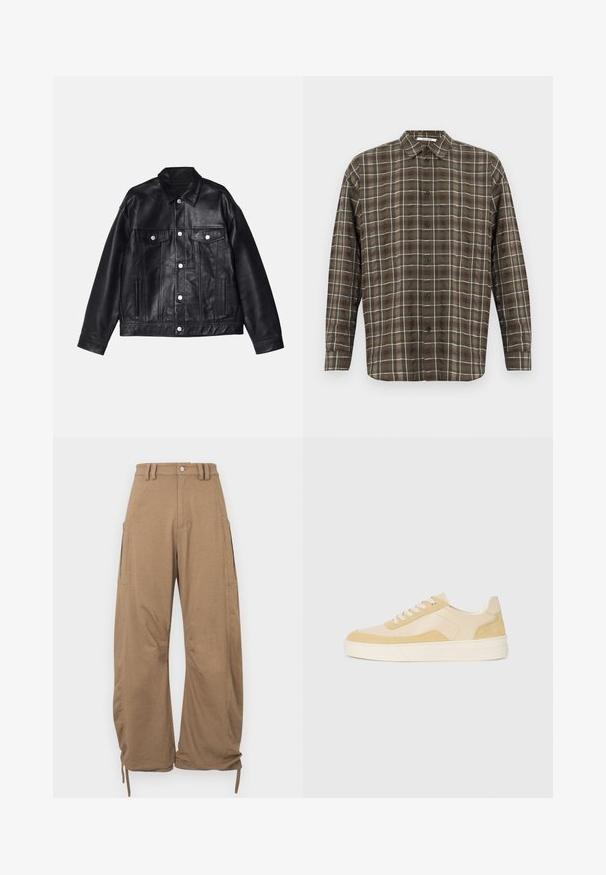 Won Hundred EZRA - Leather jacket - washed black; Brown and tan checkered long-sleeve shirt with a spread collar, front button closure, and single-button cuffs. Lightweight fabric with slight sheen.; Cargo pants in light brown fabric, featuring two side pockets, a relaxed fit, drawstring hems, and a button closure at the waist.; Sneakers in light yellow suede and leather, featuring a cushioned sole and stitched accents. Classic lace-up design with a rounded toe.