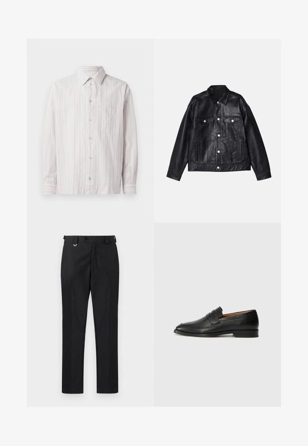Won Hundred EZRA - Chaqueta de cuero - washed black; Camisa blanca de botón con finas rayas verticales rosas, cuello puntiagudo, mangas largas, un bolsillo en el pecho y dobladillo redondeado.; Pantalones negros de corte recto y ajustado, con cierre de botón y trabillas para cinturón. Textura suave con un detalle mínimo.; Mocasín de cuero negro con punta redonda, detalles de costura sutil y un tacón bajo, que presenta una textura suave y un diseño minimalista.