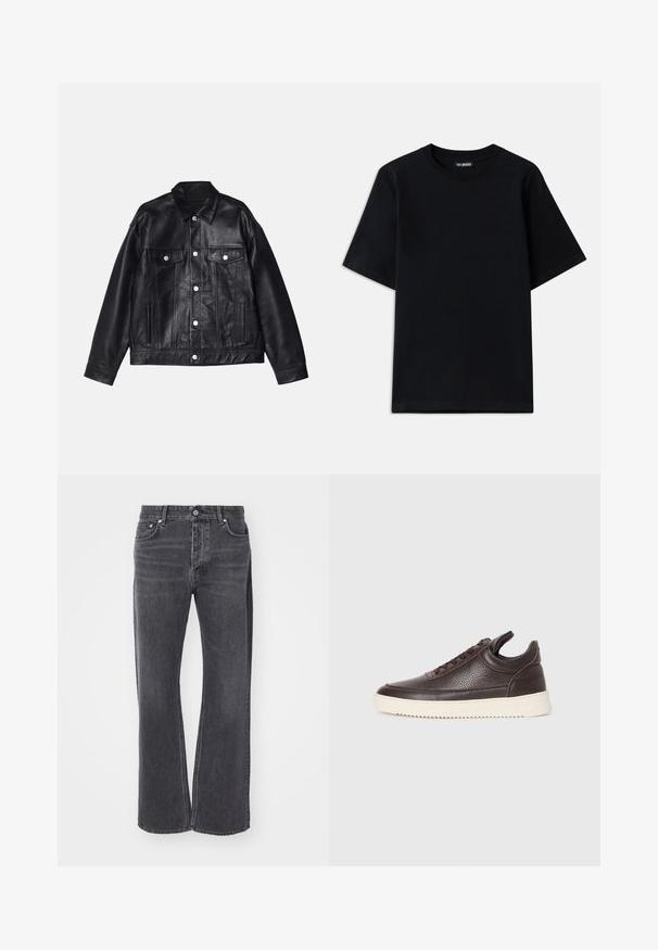 Won Hundred EZRA - Giacca di pelle - washed black; T-shirt nera in cotone con collo a giro e maniche corte. Presenta un ricamo del logo discreto sul lato sinistro del petto. Tessuto liscio e piatto.; Jeans neri a vita alta con un design ampio e morbido. Realizzati in denim, presentano un leggero effetto sbiadito e tasche davanti e dietro.; Sneaker in pelle texturizzata marrone scuro con lacci davanti e suola in gomma bianca rigata su uno sfondo chiaro semplice.