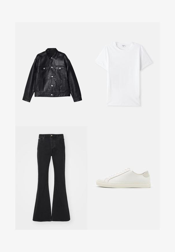 Won Hundred EZRA - Δερμάτινο μπουφάν - washed black; Λευκό βαμβακερό T-shirt, στρογγυλή λαιμόκοψη, κοντά μανίκια, λείος υφασμάτινος υφή, χωρίς σχέδια ή διακοσμητικά, απλός σχεδιασμός, κανονική εφαρμογή.; EYTYS CYRUS RAVEN - Τζιν καμπάνα - black; Λευκό δερμάτινο αθλητικό παπούτσι με απλή επιφάνεια, στρογγυλή μύτη και μινιμαλιστικό σχέδιο. Διαθέτει μπεζ λεπτομέρειες στη φτέρνα και καουτσούκ σόλα.