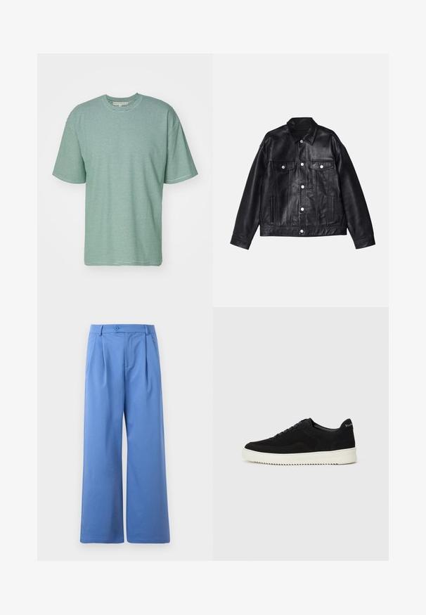 Won Hundred EZRA - Nahkatakki - washed black; Raidallinen t-paita vaaleanvihreänä, tummanvihreillä vaakasuorilla raidoilla. Lyhyet hihat, pyöreä kaula-aukko, rento malli. Pehmeä kangas.; Sinivihreät leveälahkeiset housut, jotka on valmistettu sileästä kankaasta. Ominaisuuksia ovat nappikiinnitys ja laskokset edessä. Tasainen vyötärö ja ilman taskuja.; Mustat mokkakengät nauhoilla ja kontrastivalkoisella kumipohjalla. Varustettu teksturoiduilla sivupaneeleilla ja huomaamattomalla brändäyksellä kantapäässä.