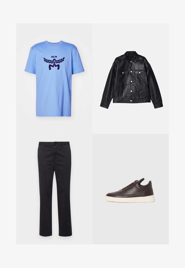 Won Hundred EZRA - Chaqueta de cuero - washed black; MCM Camiseta estampada - della robbia blue; Pantalones de algodón negros con un diseño de pierna recta, que cuentan con cierre de botón y passantes para el cinturón. Textura suave, sin patrones ni acentos visibles.; Zapatilla de cuero texturizado marrón oscuro con cordones en la parte frontal y suela de goma blanca con estrías sobre un fondo claro y liso.