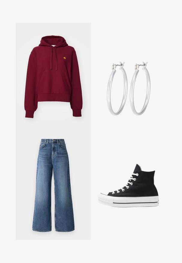 Nafouknutý bílý dlouhý kabát s černou kapucí a horním panelem, se zipem vpředu, bočními kapsami a logem na hrudi.; Burgundská mikina s kapucí vyrobená z bavlněné směsi, s přední klokanskou kapsou, ribbovanými manžetami a vyšitým logem na hrudi.; Zkrácený žebrovaný top v tmavě námořnické modři, s vysokým výstřihem a subtilním logem Nike. Materiál má texturovaný, elastický vzhled.; Dámské džíny s vysokým pasem a širokými nohavicemi, vyrobené z světle modré denimu, s klasickým designem pěti kapes a jemným vyblednutím na nohavicích.; Černý plátěný sneaker s vysokým střihem, bílými očky, tkaničkami a gumovou podrážkou. Obsahuje texturovanou špičku a černobílé pruhy.; Stříbrné kruhové náušnice s hladkým, lesklým povrchem. Kulatý tvar a bezpečné zapínání na klip. Lehký design vhodný pro každodenní nošení.