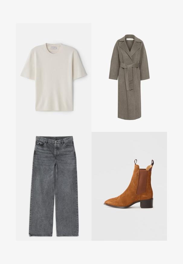 Siv krojaški plašč iz volne z dolgimi rokavi, s poševnim ovratnikom in pasom. Ima ravno krojenje in mehak teksturo.; Kremna majica s kratkimi rokavi z okroglo izrezom, izdelana iz mehkega materiala, s ravnim krojem in minimalnimi detajli.; Svetle hlače širokih nogavic v temno sivi denimu. Imajo visok pas, pet žepov in sprednji gumbasti zaklep. Gladka tekstura z občutnim zbledeljem.; Rjavi nubuk srednji čevelj z usnjeno konico, elastičnimi stranskimi paneli in nizko blokasto peto. Ima zanko za lažje obuvanje.