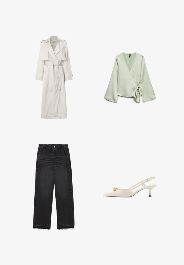 Długi beżowy trencz wykonany z lekkiego materiału. Posiada szerokie klapy, pasek w talii oraz zapięcie na guziki przy mankietach, a także kieszenie boczne.; Jasnozielona bluzka typu wrap z długimi rękawami; posiada zapięcie na węzeł z boku oraz koronkowe wykończenie wzdłuż dekoltu. Gładka, miękka struktura materiału.; Czarne dżinsowe spodnie o prostym kroju nogawki. Posiadają wysoki stan, postrzępione wykończenie oraz subtelnie wyblakłą fakturę w całej długości. Z przodu znajdują się kieszenie.; Kremowy but slingback z wąskim noskiem, cienkimi paskami i złotym akcentem na wierzchu. Posiada niski, wąski obcas.