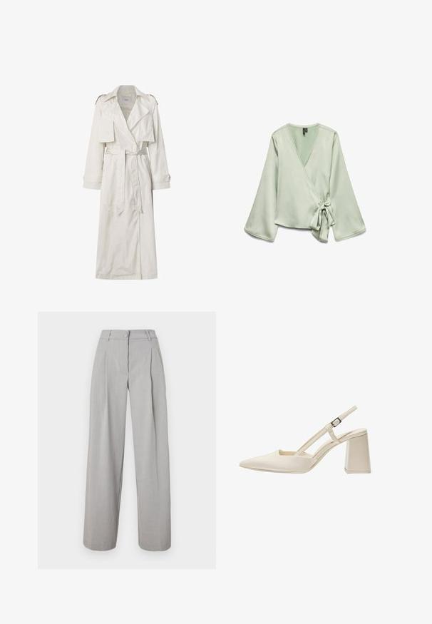 Duga bež trench kaput od lagane tkanine. Ima široke reveri, struk s remenom i dugmadi na manžetama s bočnim džepovima.; Svijetlozeleni crop top s dugim rukavima; ima vezanje sa strane i čipkastu obrubu duž izreza. Glatka, meka tekstura tkanine.; Svijetlosive hlače širokog kroja s naborima, kopčom u struku i glatkom teksturom tkanine. Ravne nogavice se blago sužavaju na rubu.; Bež sandale s otvorenom petom, s uskim vrhom, sjajnim paten završetkom, srednjom blok petom i podesivim remenom. Minimalistički dizajn s otvorenim stranama.