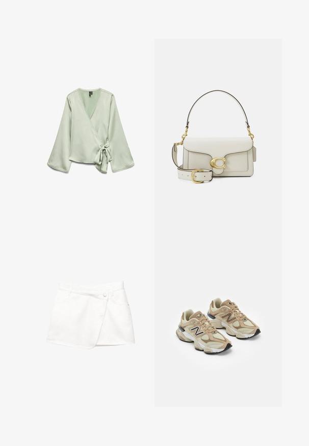 Lang beige trenchcoat lavet af letvægtsstof. Har brede revers, en bælte i taljen og knapmanchetter med sidelommer.; Lys grøn indpakningsbluse med lange ærmer; har en knude lukning i siden og blondetrim langs halsudskæringen. Glat, blød stoftekstur.; Hvid denim mini skirt med en omslagsdesign, der har en frontknaplukning, to sidelommer og et glat tekstureret stof.; Beige sneakers med mesh og suede materialer. Har et sort logo og teksturerede accenter. Tyk hvid mellemsål og sort gummisål.; Hvid læderhåndtaske med gulddetaljer, der har en klaplukning og en aftagelig, justerbar rem. Rundet metalaccent i midten.