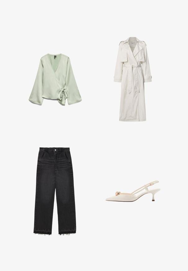 Długi beżowy trencz wykonany z lekkiego materiału. Posiada szerokie klapy, pasek w talii oraz zapięcie na guziki przy mankietach, a także kieszenie boczne.; Jasnozielona bluzka typu wrap z długimi rękawami; posiada zapięcie na węzeł z boku oraz koronkowe wykończenie wzdłuż dekoltu. Gładka, miękka struktura materiału.; Czarne dżinsowe spodnie o prostym kroju nogawki. Posiadają wysoki stan, postrzępione wykończenie oraz subtelnie wyblakłą fakturę w całej długości. Z przodu znajdują się kieszenie.; Kremowy but slingback z wąskim noskiem, cienkimi paskami i złotym akcentem na wierzchu. Posiada niski, wąski obcas.
