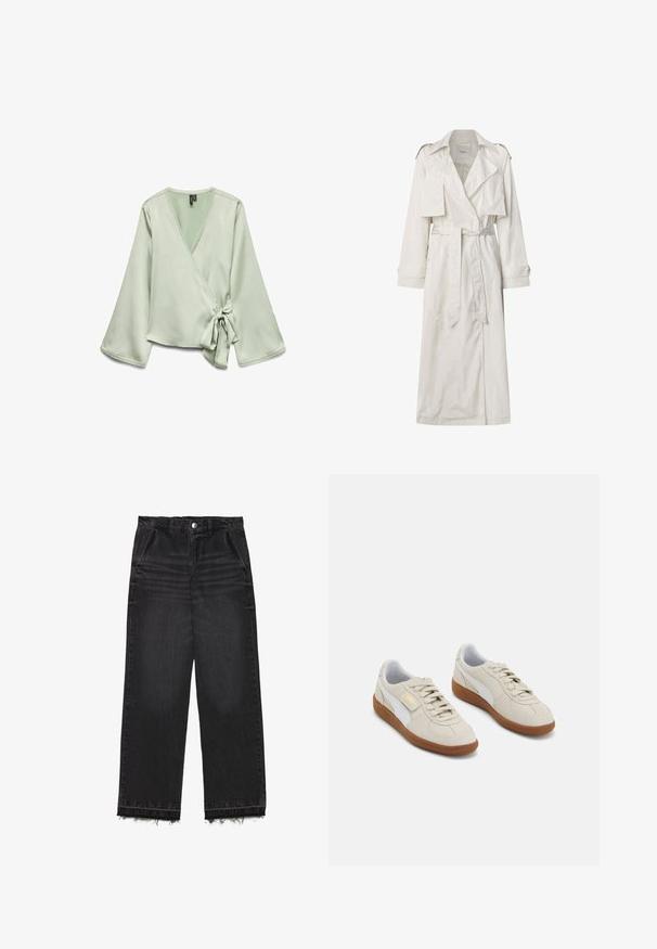 Ilgas smėlio spalvos trenčkotas, pagamintas iš lengvos medžiagos. Savybės: plačios apykaklės, diržo juosmuo, sagčių rankogaliai ir šoninės kišenės.; Šviesiai žalia apykaklė ir ilgomis rankovėmis; šone yra raištelis ir nėrinių apdaila prie iškirptės. Minkšta, švelni audinio tekstūra.; Juodi džinsai su tiesiomis kojomis. Klasikinio aukšto liemens, su nutrintais kraštais ir švelniu nublukusiu tekstūru visame paviršiuje. Įtraukti priekinių kišenių.; Šviesiai rudos suknelių sportbačiai su baltais odiniais akcentais ir rudomis gumos padangomis. Įrengta apvali nosis, raišteliai ir auksinis logotipas šone.