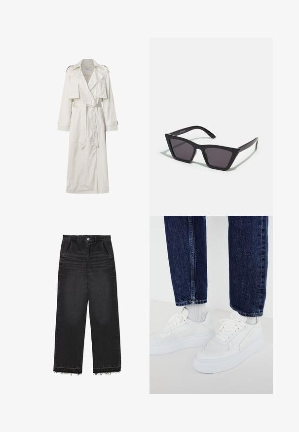 Duga bež trench kaput od lagane tkanine. Ima široke reveri, struk s remenom i dugmadi na manžetama s bočnim džepovima.; Bijela majica kratkih rukava od pamuka. Ima okrugli izrez i opušteni kroj. Glatka tekstura bez vidljivih uzoraka ili naglasaka.; Crne traperice s ravnim krojem. Imaju visoki struk, izlizani rub i suptilnu izblijedjelu teksturu po cijeloj dužini. Uključeni su prednji džepovi.; Bijele tenisice s teksturiranim dizajnom i debelim potplatima, uparene s svijetlosivim rebrastim čarapama i tamnoplavim trapericama.; Crne, uglaste sunčane naočale sa sivoj lećama; izrađene od plastike, imaju debele nogice s glatkom površinom i bez vidljivih metalnih dijelova.; Zlatne kružne naušnice s glatkom, sjajnom završnom obradom. Kružni dizajn s malom potporom i prozirnom podlogom za sigurno nošenje.