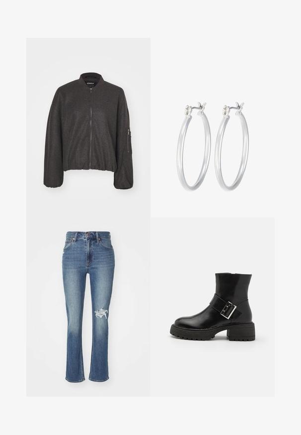 Tamno siva bomber jakna s patent zatvaračem, rebrastim okovratnikom i elastičnim strukom. Sadrži prevelike rukave i zip džep na lijevoj ruci.; Tri dugih rukava posložena: crna, siva i bijela. Svaka ima okrugli izrez i skrateni kroj s glatkom, laganom tkaninom.; Plave traperice s raširenim rubom, visokim strukom, laganim oštećenjem na lijevom koljenu i tradicionalnim dizajnom s pet džepova.; Crne kožne gležnjače s blok petom, s ukrasnom trakicom i detaljem s kopčom, teksturiranom potplatom i glatkom završnom obradom.; Srebrne kružne naušnice s glatkom, poliranom površinom. Okrugli oblik i sigurno kopčanje na klik. Lagani dizajn pogodan za svakodnevno nošenje.