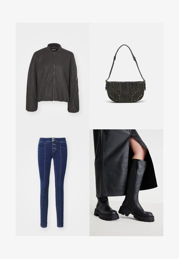 Tamsiai pilka bomber tipo striukė su užtrauktuku priekyje, lanksčiu apykakle ir elastinga juosmeniu. Yra dideli švarkai ir užtrauktuko kišenė ant kairiojo rankovės.; Trijų ilgomis rankovėmis marškinėlių krūva: juodas, pilkas ir baltas. Kiekvienas turi apvalų iškirpimą ir trumpą dizainą, pagamintas iš lygaus, lengvo audinio.; Tamsiai mėlynos džinsinės kelnės su aukštu juosmeniu, užsegamos penkiomis sagutėmis, dviem priekinėmis kišenėmis ir laisvu siluetu. Sklandus paviršius.; Juodos iki kelių aukščio botai su stora padais, lygaus odos tekstūra, šoniniu užtrauktuku ir minimalistiniu dizainu, derinami su juoda sijonu su įpjova.; Juodas zomšinės rankinės su išlenktu dizainu, su vinių akcentais ir tekstūruota paviršiumi. Reguliuojama petneša su viniukų detalėmis aplink kraštą.; Sidabriniai auskarai su sklandžiu, poliruotu paviršiumi. Apvalios formos ir saugus uždarymo mechanizmas. Lengvas dizainas, tinkantis kasdieniam dėvėjimui.