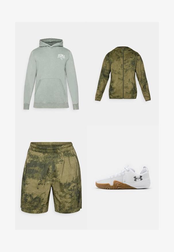 Veste à capuche Puma en vert olive avec une finition texturée et à motifs. Comprend une fermeture éclair sur le devant et des manches longues.; Hoodie vert clair en tissu doux, avec une poche kangourou, une capuche avec cordons, et un logo PUMA blanc sur la poitrine.; Shorts à motif camouflage dans des nuances de vert, fabriqués en tissu léger avec une taille élastique et une coupe décontractée.; Baskets blanches de sport avec un dessus en maille, une semelle en caoutchouc de couleur gomme, des accents texturés et un logo noir sur le côté.