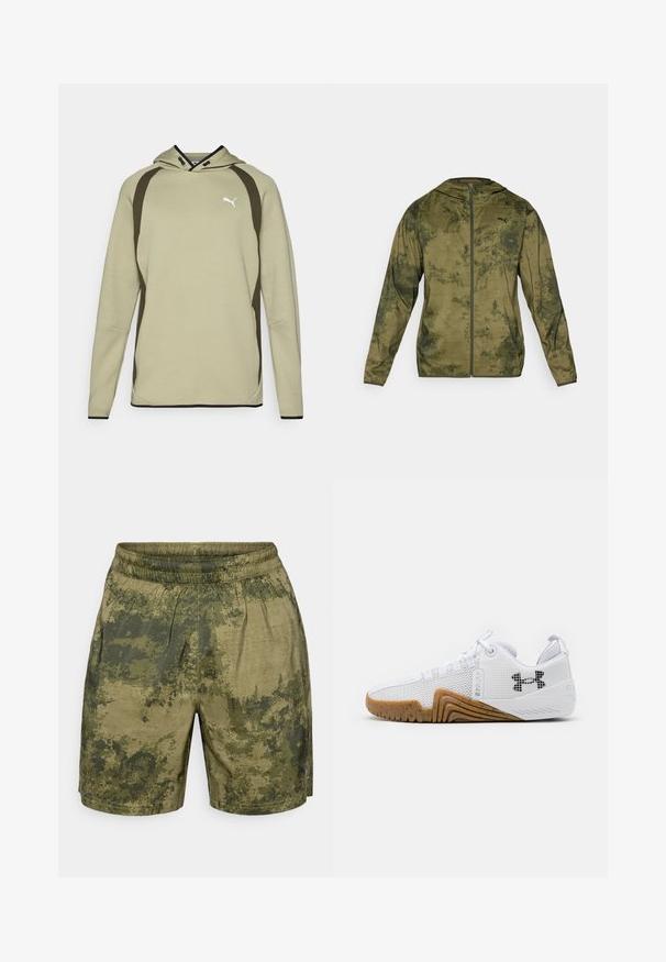 Kurtka z kapturem Puma w oliwkowym kolorze z fakturowanym, wzorzystym wykończeniem. Posiada zamek błyskawiczny z przodu i długie rękawy.; Jasnozielona bluza z kapturem z kieszenią typu kangur, czarnymi akcentami po bokach i na dole oraz białym logo na klatce piersiowej. Miękki, teksturowany materiał.; Spodenki w kamuflażu w odcieniach zieleni, wykonane z lekkiego materiału z elastycznym paskiem w talii i luźnym krojem.; Białe buty sportowe z siateczkową cholewką, gumową podeszwą w kolorze gumy, teksturowanymi akcentami oraz czarnym logo z boku.