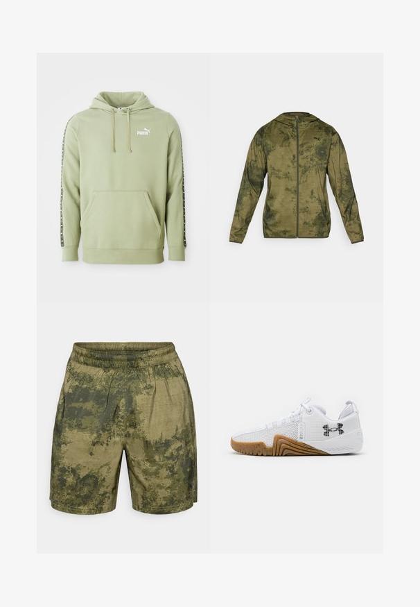 Puma hooded jacket in olive green with a textured, patterned finish. Features a front zipper and long sleeves.; Light green Puma hoodie with front pocket, logo on chest, drawstring hood, and branded stripe accents down the sleeves.; Camouflage-patterned shorts in shades of green, crafted from lightweight fabric with an elastic waistband and a relaxed fit.; White athletic shoes featuring a mesh upper, rubber outsole with a gum color, textured accents, and a black logo on the side.
