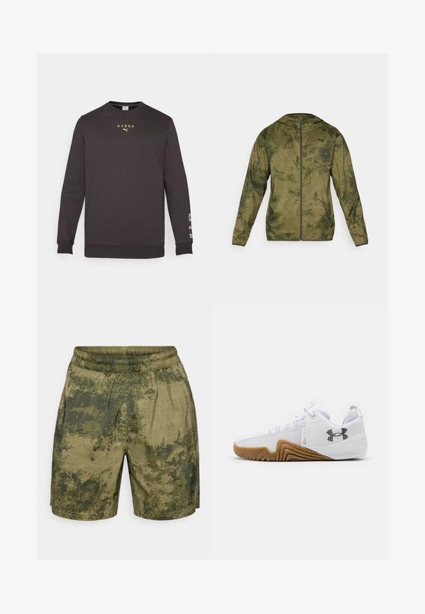 Puma hooded jacket in olive green with a textured, patterned finish. Features a front zipper and long sleeves.; Black sweatshirt with long sleeves, crew neck, reflective yellow "HYROX" logo on chest, and white text on left sleeve. Soft, fleece material.; Camouflage-patterned shorts in shades of green, crafted from lightweight fabric with an elastic waistband and a relaxed fit.; White athletic shoes featuring a mesh upper, rubber outsole with a gum color, textured accents, and a black logo on the side.