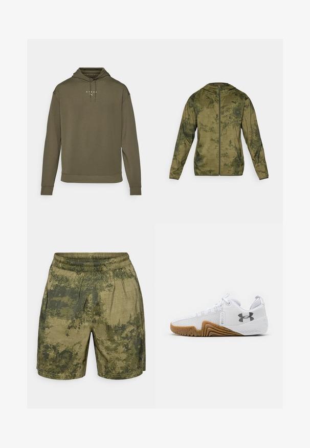 Puma kapucēts džemperis olīvzaļā krāsā ar teksturētu, rakstainu apdari. Iezīme priekšējais rāvējslēdzis un garas piedurknes.; Olīvu zaļa kapuce ar regulējamu kapuci, garām piedurknēm un brīvu piegriezumu. Iezīmēts ar baltu logo uz krūšu daļas un ribotām aprocēm.; Kamuflāžas raksta šorti zaļos toņos, izgatavoti no viegla auduma ar elastīgu jostu un brīvu piegriezumu.; Balti sporta apavi ar sietu augšdaļu, gumijas zoli ar gumijas krāsu, teksturētām akcentiem un melnu logo sānos.