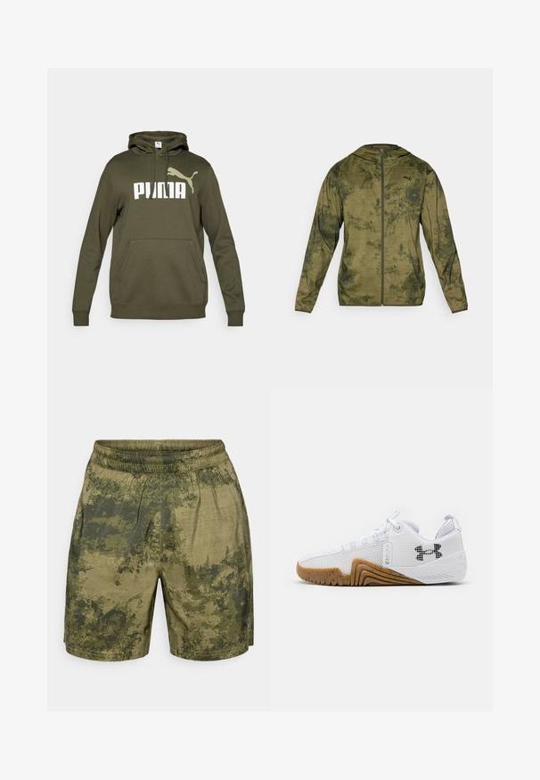 Puma hooded jacket in olive green with a textured, patterned finish. Features a front zipper and long sleeves.; Olive green hoodie with a front kangaroo pocket, drawstring hood, and large white "PUMA" logo with an accent logo. Cotton blend material.; Camouflage-patterned shorts in shades of green, crafted from lightweight fabric with an elastic waistband and a relaxed fit.; White athletic shoes featuring a mesh upper, rubber outsole with a gum color, textured accents, and a black logo on the side.