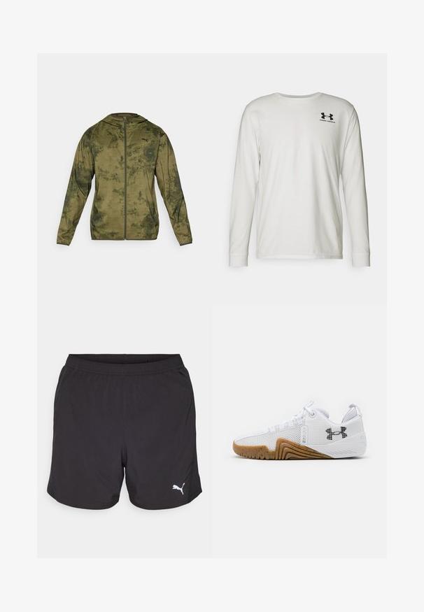 Puma jakna s kapuco v olivno zeleni barvi z strukturirano in vzorčasto površino. Ima sprednji zadrgo in dolge rokave.; Bela majica s dolgimi rokavi iz bombaža z okroglo izrezom. Na zgornjem levem delu prsnega koša je črni logotip. Gladka tekstura in prilegajoča zasnova.; Črne atletske kratke hlače iz lahkega materiala, z elastičnim pasom in majhnim belim logotipom Puma na levi strani.; Bele športne čevlje z mrežastim zgornjim delom, gumijastim podplatom v barvi gumija, teksturiranimi poudarki in črnim logotipom na strani.