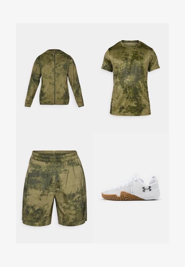 Olívzöld Puma kapucnis dzseki textúrált, mintás felülettel. Elöl zippzárral és hosszú ujjakkal rendelkezik.; Olíva zöld, rövid ujjú sportpóló, textúrált, mintás felülettel. A bal felső mellrészen egy kis fekete logó található.; Zöld árnyalatú, álcázó mintás rövidnadrág, könnyű anyagból készült, rugalmas derékkal és laza szabással.; Fehér sportcipők hálós felsőrésszel, gumis talppal, kialakított részletekkel és fekete logóval az oldalon.