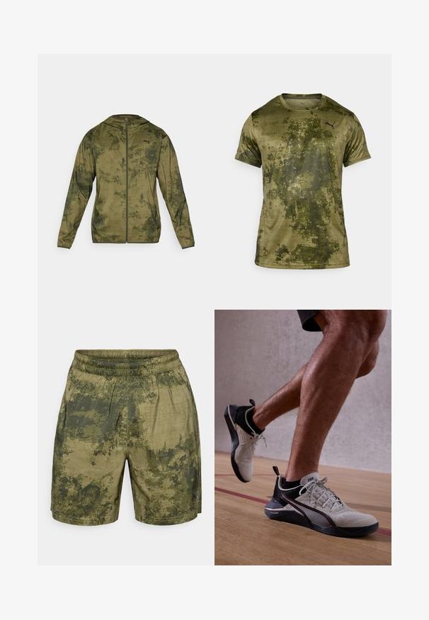 Pánská kapuce Puma v olivově zelené barvě s texturovaným, vzorovaným povrchem. Obsahuje přední zip a dlouhé rukávy.; Krátký rukáv sportovního trička v olivově zelené barvě s texturovaným, vzorovaným povrchem. Obsahuje malé černé logo na levé horní části hrudi.; Kraťasy s maskáčovým vzorem v odstínech zelené, vyrobené z lehkého materiálu s elastickým pasem a volným střihem.; Puma FUSE 3.0 - Sportovní boty - vapor gray/mars red/black