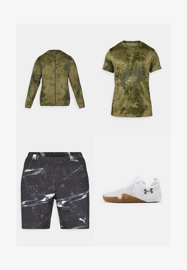 Puma kaput za jaknu u maslinasto zelenoj boji s teksturiranom, uzorčanom završnom obradom. Ima prednji zatvarač i duge rukave.; Majica kratkih rukava za sport u maslinasto zelenoj boji s teksturiranim, uzorkovanim završetkom. Sadrži mali crni logo na gornjem lijevom dijelu prsnog koša.; Crne kratke hlače s geometrijskim bijelim i sivim apstraktnim uzorkom. Elastična gumica u struku s dva bočna džepa i malim logotipom na lijevom nogavici.; Bijele atletske tenisice s gornjim dijelom od mrežice, gumenim potplatom u boji gume, teksturiranim akcentima i crnim logotipom sa strane.