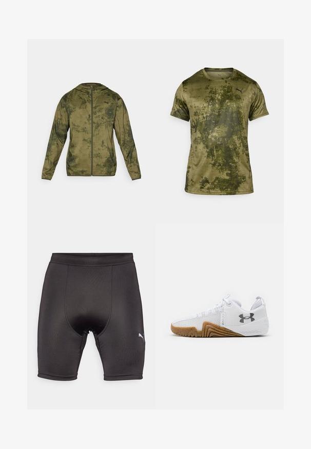 Puma džinsinė striukė su gobtuvu alyvuogių žaliai spalvos, su tekstūruota, raštuota apdaila. Pasižymi priekiniu užtrauktuku ir ilgomis rankovėmis.; Šviesiai žalia trumpomis rankovėmis sportinė marškinė su tekstūriniu raštu. Yra mažas juodas logotipas kairėje krūtinės pusėje.; Juodi sportiniai šortai, pagaminti iš lygaus, tampraus audinio. Išsiskiria prigludusia forma, sustiprinta siuvimo technologija ir mažas baltas logotipas apatiniame kairiajame šone.; Balti sportiniai batai su tinklelio viršumi, guminiu padu rudos spalvos, tekstūruotais akcentais ir juodu logotipu šone.