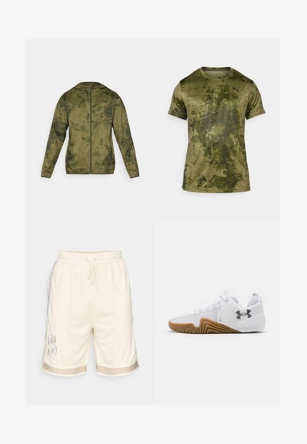 Puma kapuutsiga jakk oliivirohelises värvitoonis, millel on tekstuuriga mustriga viimistlus. Varustuses on eesmine tõmblukk ja pikad varrukad.; Olive rohelises värvitoonis lühikeste varrukatega spordipe shirt, millel on tekstureeritud ja mustriline viimistlus. Ees vasakul rinna kohal on väike must logo.; Meeste kreemivärvi võrkmaterjalist lühikesed püksid elastse vöökoha, stringsüsteemi, küljetaskute ja lillemustriga aktsentidega. Omavad kontrastset serva.; Valged sportlikud kingad, mis on varustatud võrgust pealsega, kummise välispõhjaga, millel on pruuni värvi tooni, tekstuursete detailidega ja must logoga külgedel.