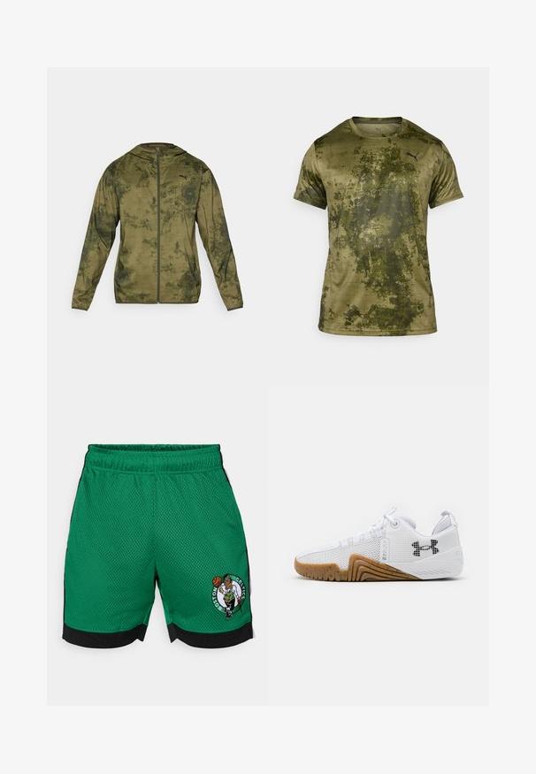 Kurtka z kapturem Puma w oliwkowym kolorze z fakturowanym, wzorzystym wykończeniem. Posiada zamek błyskawiczny z przodu i długie rękawy.; Krótki rękawek sportowa koszulka w oliwkowym kolorze z teksturowanym, wzorzystym wykończeniem. Posiada małe czarne logo na górnej lewej części klatki piersiowej.; Zielone szorty koszykarskie z siateczki, z czarną talią, bocznymi panelami i wyszywanym logo Boston Celtics.; Białe buty sportowe z siateczkową cholewką, gumową podeszwą w kolorze gumy, teksturowanymi akcentami oraz czarnym logo z boku.