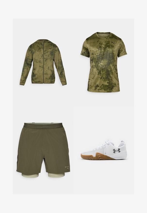 Puma hættetrøje i olivengrøn med en tekstureret, mønstret finish. Har en frontlynlås og lange ærmer.; Kortærmet atletisk skjorte i olivengrøn med en struktureret, mønstret overflade. Har et lille sort logo på venstre øverste bryst.; Oliven grønne træningsshorts med et indre lag i beige, der har en åndbar mesh-manchet og sideslids for let bevægelse.; Hvide atletik sko med mesh overdel, gummisål i gummifarve, teksturerede detaljer og en sort logo på siden.