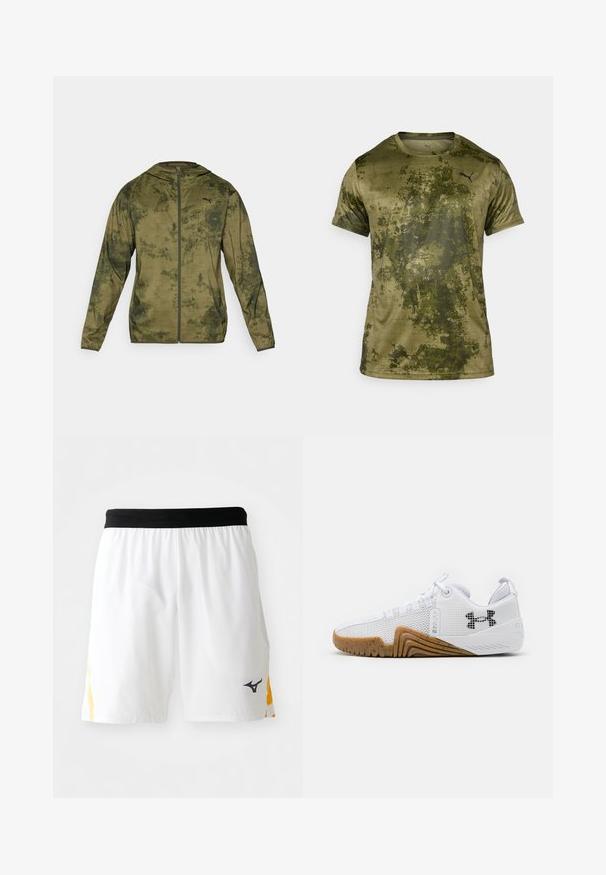 Veste à capuche Puma en vert olive avec une finition texturée et à motifs. Comprend une fermeture éclair sur le devant et des manches longues.; T-shirt de sport à manches courtes en vert olive avec une finition texturée et à motifs. Présente un petit logo noir sur le haut à gauche de la poitrine.; Shorts de sport blancs avec une taille élastique noire et des accents latéraux jaunes, comportant un petit logo noir de marque de sport sur la jambe droite.; Baskets blanches de sport avec un dessus en maille, une semelle en caoutchouc de couleur gomme, des accents texturés et un logo noir sur le côté.