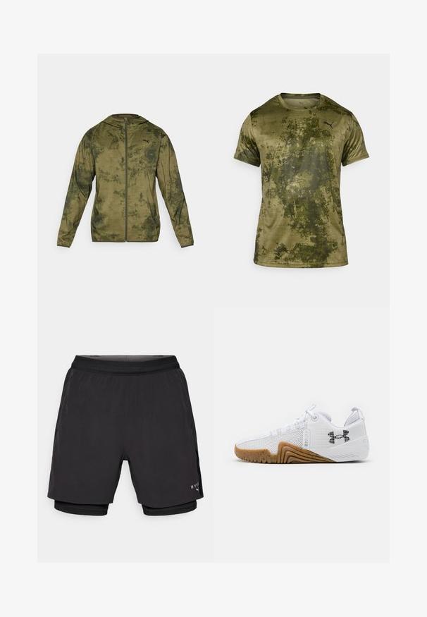 Casaco com capuz da Puma em verde oliva com um acabamento texturizado e padrão. Apresenta um fecho de correr frontal e mangas longas.; Camiseta atlética de manga curta em verde oliva com um acabamento texturizado e padrão. Apresenta um pequeno logótipo preto no canto superior esquerdo do peito.; Calções de atletismo pretos com um design em camadas, apresentando um tecido exterior suave, cintura elástica e forro de malha interior. Logótipo na lateral.; Ténis atléticos brancos com parte superior em malha, sola de borracha na cor âmbar, detalhes texturizados e um logótipo preto de um lado.