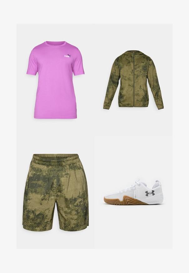 Puma hættetrøje i olivengrøn med en tekstureret, mønstret finish. Har en frontlynlås og lange ærmer.; Kortærmet T-shirt med rund hals i lys pink stof, der har et lille sort Puma-logo på venstre bryst. Glat tekstur, afslappet design.; Camouflage-mønstrede shorts i nuancer af grøn, lavet af letvægtsstof med elastisk talje og en afslappet pasform.; Hvide atletik sko med mesh overdel, gummisål i gummifarve, teksturerede detaljer og en sort logo på siden.