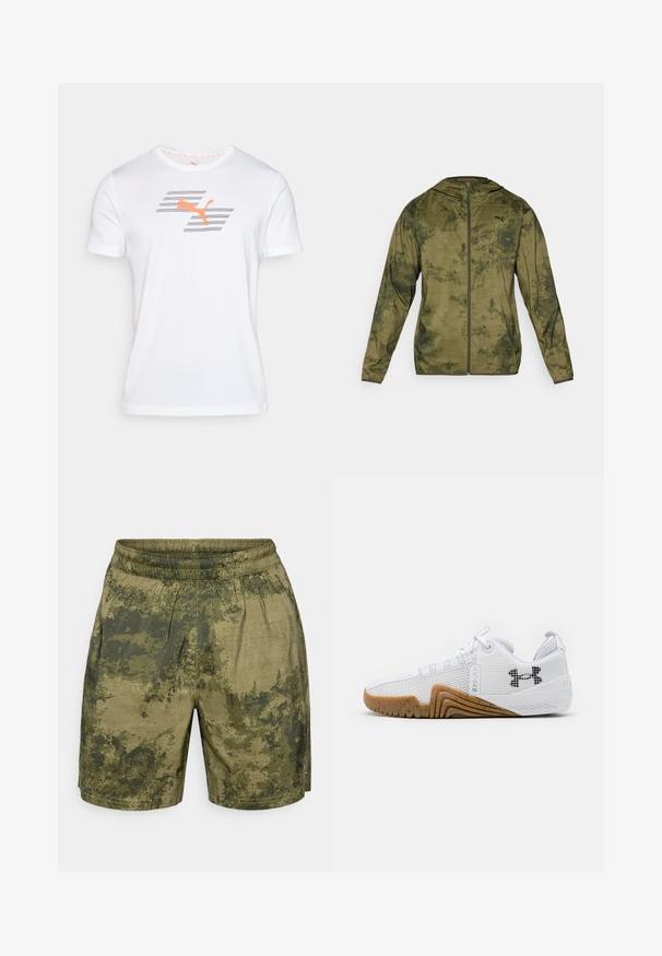 Olívzöld Puma kapucnis dzseki textúrált, mintás felülettel. Elöl zippzárral és hosszú ujjakkal rendelkezik.; Fehér, rövid ujjú póló sima anyagból, narancssárga Puma logóval és szürke csíkozott díszítéssel az elején. Kerek nyakkivágás.; Zöld árnyalatú, álcázó mintás rövidnadrág, könnyű anyagból készült, rugalmas derékkal és laza szabással.; Fehér sportcipők hálós felsőrésszel, gumis talppal, kialakított részletekkel és fekete logóval az oldalon.