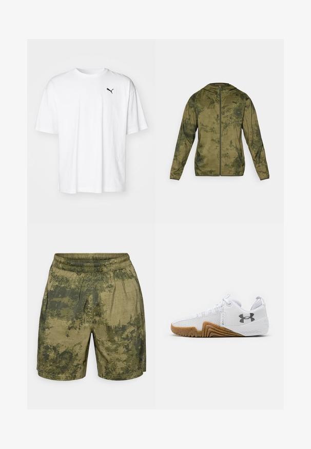 Giacca con cappuccio Puma in verde oliva con un finish testurizzato e a fantasia. Presenta una zip frontale e maniche lunghe.; T-shirt bianco in cotone con colletto rotondo e maniche corte. Presenta un piccolo logo Puma nero sul lato sinistro del petto. Tessuto morbido.; Pantaloni corti con motivo camouflage in diverse tonalità di verde, realizzati in tessuto leggero con una vita elastica e una vestibilità comoda.; Scarpe atletiche bianche con una tomaia in rete, suola in gomma di colore gomma, dettagli testurizzati e un logo nero sul lato.