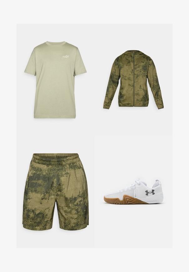 Casaco com capuz da Puma em verde oliva com um acabamento texturizado e padrão. Apresenta um fecho de correr frontal e mangas longas.; T-shirt verde oliva com gola redonda e mangas curtas. Apresenta um pequeno logótipo branco da Puma no peito. Feita de um tecido macio e leve.; Calções com padrão de camuflagem em tons de verde, confeccionados em tecido leve, com um cós elástico e um corte descontraído.; Ténis atléticos brancos com parte superior em malha, sola de borracha na cor âmbar, detalhes texturizados e um logótipo preto de um lado.