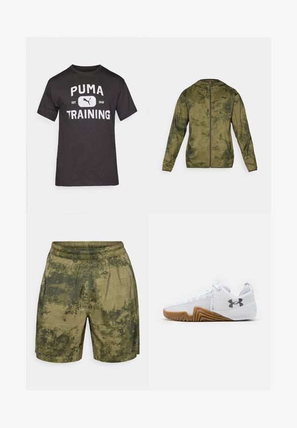 Chaqueta con capucha de Puma en verde oliva con un acabado texturizado y con patrón. Cuenta con un zipper en el frente y mangas largas.; Camiseta de algodón negra con mangas cortas, que presenta un gran gráfico blanco que dice "PUMA TRAINING" y el logo de Puma.; Pantalones cortos con estampado de camuflaje en tonos verdes, fabricados en tejido ligero con cintura elástica y un corte relajado.; Zapatillas deportivas blancas con parte superior de malla, suela de goma de color goma, acentos texturizados y un logo negro en el costado.