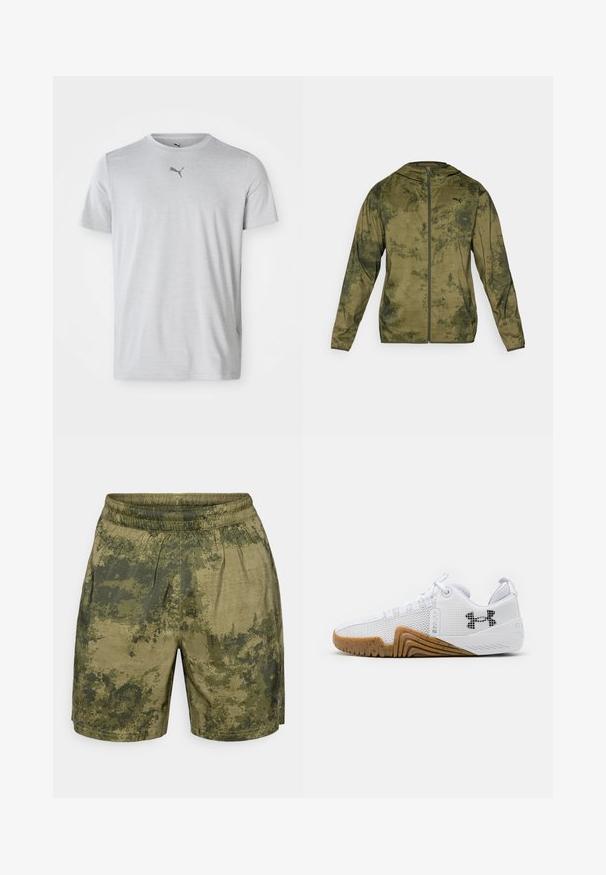 Puma hooded jacket in olive green with a textured, patterned finish. Features a front zipper and long sleeves.; Light gray sports t-shirt made of soft fabric. Features short sleeves and a round neck, with a small black Puma logo on the chest.; Camouflage-patterned shorts in shades of green, crafted from lightweight fabric with an elastic waistband and a relaxed fit.; White athletic shoes featuring a mesh upper, rubber outsole with a gum color, textured accents, and a black logo on the side.