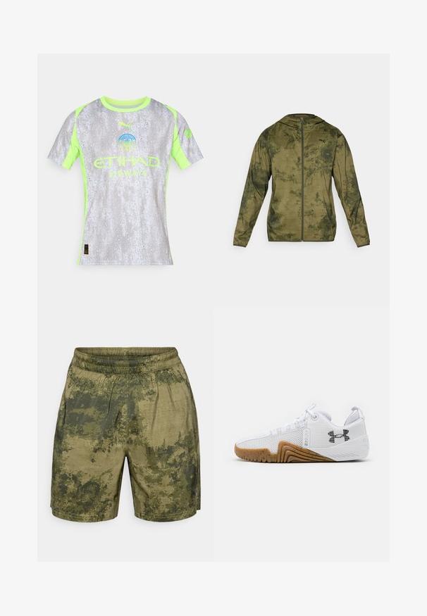 Puma kapuutsiga jakk oliivirohelises värvitoonis, millel on tekstuuriga mustriga viimistlus. Varustuses on eesmine tõmblukk ja pikad varrukad.; Halli lühikeste varrukatega särk, millel on veepiisade muster, neoonroheline rõhk ja "Etihad Airways" logo koos ümmarguse embleemiga.; Roheline kamuflaažimustriga lühikesed püksid, valmistatud kergest kangast, millel on elastne vöökoht ja mugav lõige.; Valged sportlikud kingad, mis on varustatud võrgust pealsega, kummise välispõhjaga, millel on pruuni värvi tooni, tekstuursete detailidega ja must logoga külgedel.