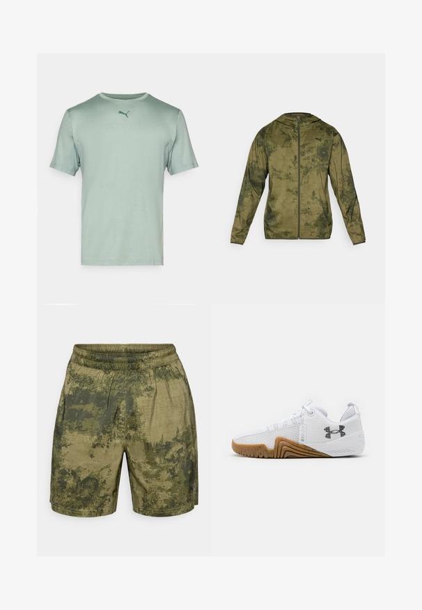Jachetă cu glugă Puma de culoare verde măslin, cu un finisaj texturat și cu model. Dispune de un fermoar frontal și mâneci lungi.; Tricou scurt cu maneca scurta, de culoare verde deschis, cu guler rotund și un mic logo Puma de culoare verde închis pe piept. Textură netedă, design casual.; Shorts cu un model de camuflaj în nuanțe de verde, realizate dintr-un material ușor, cu o talie elastică și o croială lejeră.; Pantofi sport albi cu o uppers din plasă, talpă din cauciuc de culoare caramel, accente texturate și un logo negru pe lateral.