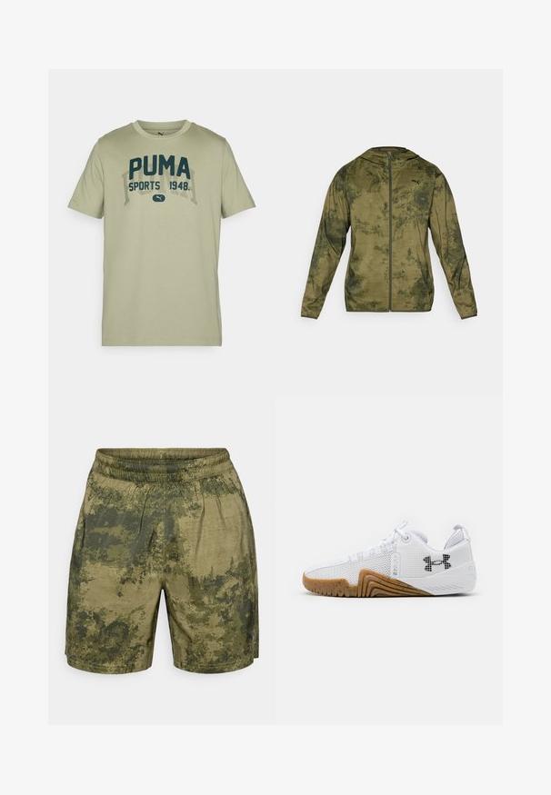 Olívzöld Puma kapucnis dzseki textúrált, mintás felülettel. Elöl zippzárral és hosszú ujjakkal rendelkezik.; Világoszöld pamut póló rövid ujjakkal, kerek nyakkal, és sötétkék PUMA felirattal, amelyen a "SPORTS 1948" ellentétes betűtípusban szerepel.; Zöld árnyalatú, álcázó mintás rövidnadrág, könnyű anyagból készült, rugalmas derékkal és laza szabással.; Fehér sportcipők hálós felsőrésszel, gumis talppal, kialakított részletekkel és fekete logóval az oldalon.